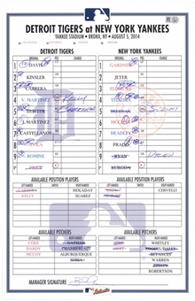 2014 Detroit Tigers vs. New York Yankees Game Used Lineup Card From David Prices Detroit Tigers Debut On 8/5/2014 With 10 Strikeouts (MLB Authenticated)